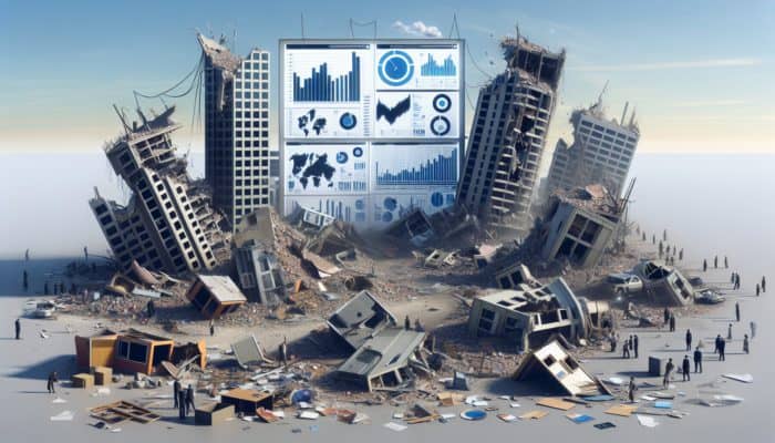 Understanding the Complex Nature of Crises: Image depicting aftermath of a natural disaster with damaged buildings and financial crisis effects, illustrating widespread chaos.