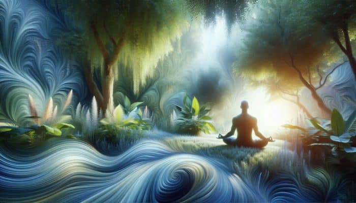 A person meditating in a peaceful garden, surrounded by greenery and soft sunlight, symbolizing mindfulness and serenity.