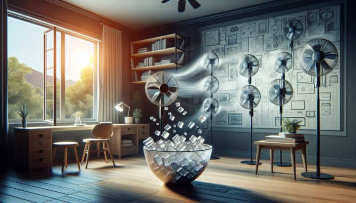 A serene home with fans near windows and a bowl of ice in front of one fan, creating a cool breeze.