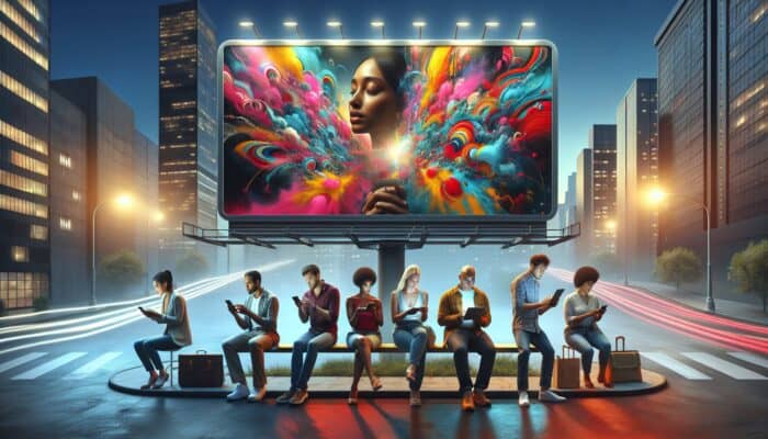A digital billboard in a cityscape showing ads, with people viewing the same ads on smartphones and laptops across various platforms.