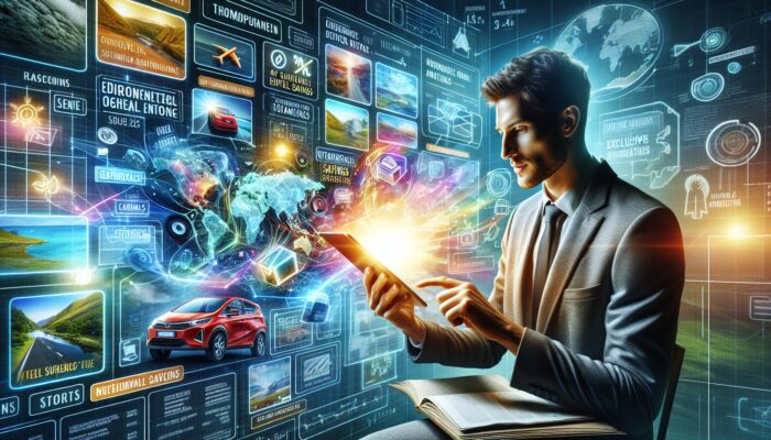 A traveler viewing car rental discounts on a digital screen, surrounded by travel brochures and a world map.