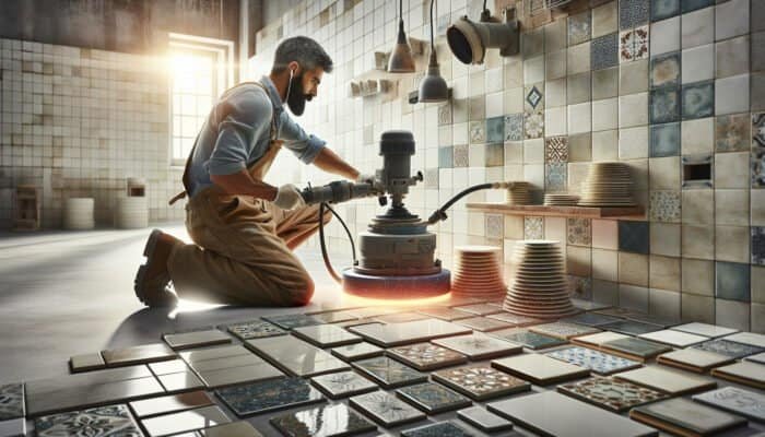 Professional polishing ceramic tiles in a well-lit room, showcasing aesthetic appeal with advanced equipment.