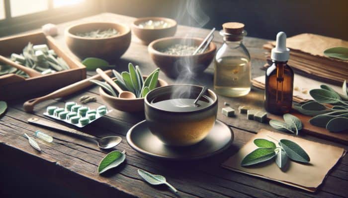 A kitchen table with sage tea, gargle solution, lozenges, and fresh sage leaves.