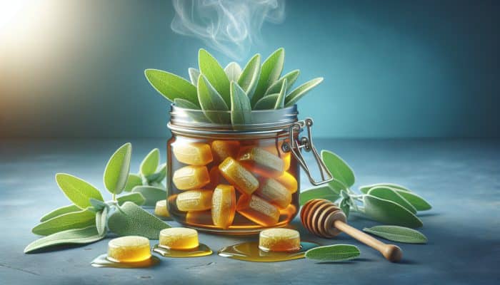 Golden sage lozenges in a glass jar with fresh sage leaves and honey, on a blue background with steam.