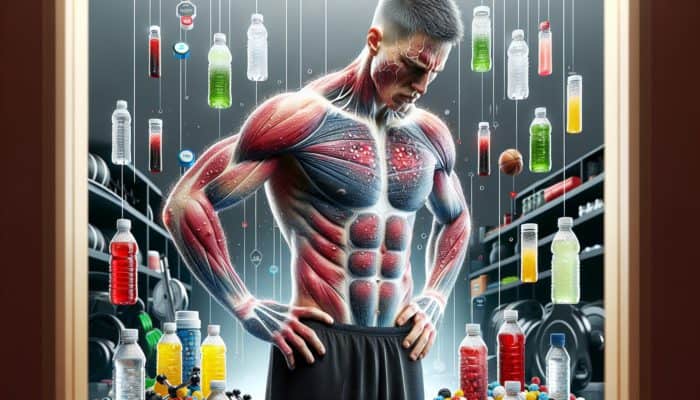 Athlete showing muscle twitching and skin rashes, frustrated and fatigued, with sports equipment and electrolyte drinks.