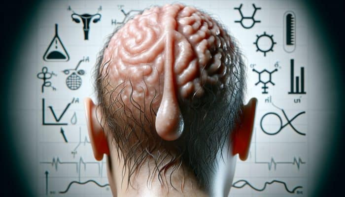 Close-up of scalp with overactive sebaceous glands and excess sebum, symbols of hormonal changes.