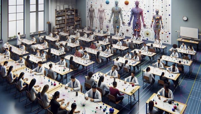 A diverse group of aspiring acupuncturists studying acupuncture in a modern UK classroom.