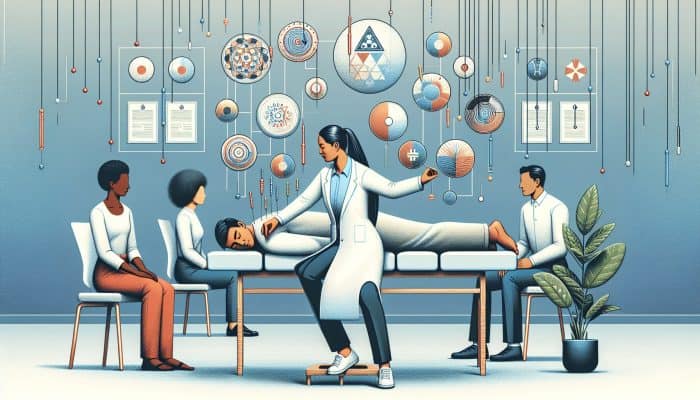 A serene acupuncture clinic with a certified practitioner and diverse patients in a professional setting.
