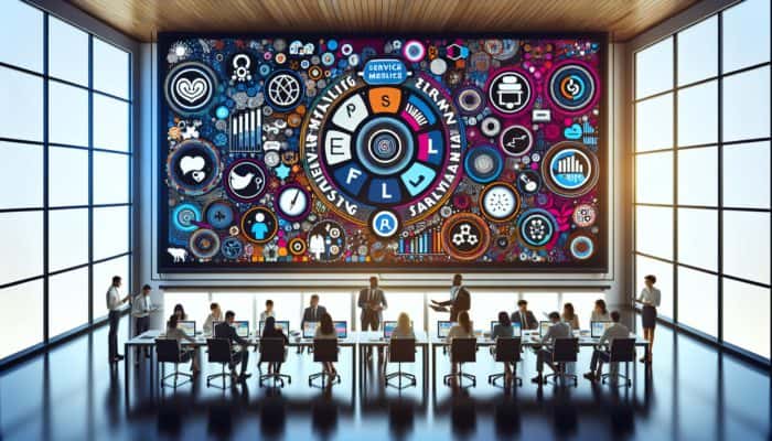 The 7 P's of Marketing: A modern UK marketing office with professionals using digital tools to discuss the 7 P's of Marketing.