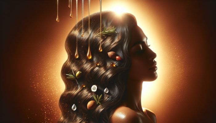 Benefits of Hot Oil Hair Treatments: Luxurious hair glistening with coconut, argan, and olive oil droplets under warm light.
