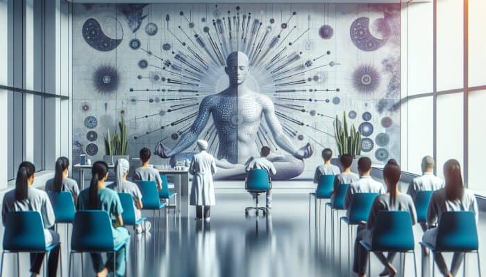 Treating Headaches with Acupuncture: A serene UK clinic blending modern and traditional elements, offering acupuncture to diverse patients within the NHS.