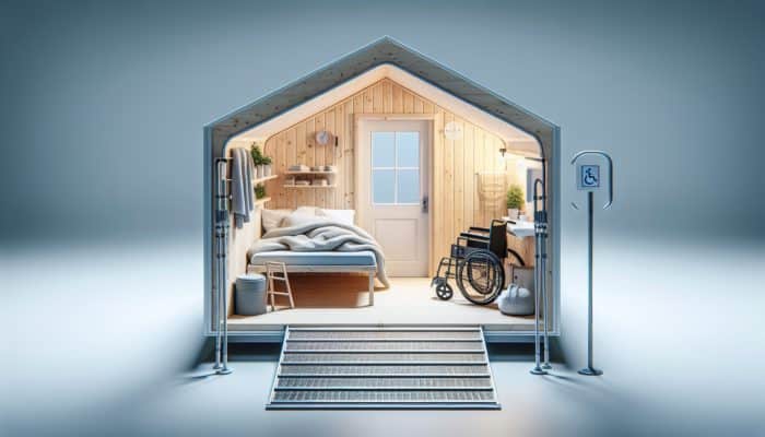 A cozy, accessible emergency shelter with ramps, wide doorways, bedding, and sanitation, designed for all.