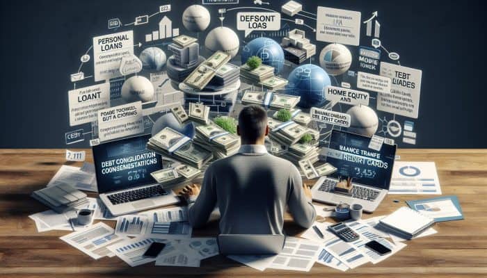 Low-Cost Debt Consolidation Loan Options: A Guide to Savings | DCL Low-Cost Debt Consolidation Loan Options: Person at desk comparing debt consolidation loans with financial documents and laptop.