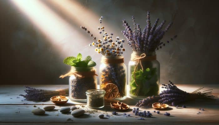 Dried lavender, chamomile, and peppermint in rustic jars, bathed in soft light, showcasing their healing aromas.