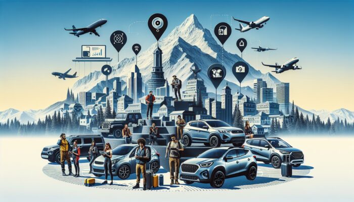 Diverse group by rental cars, from compact to 4x4, with mountain and urban settings, showing GPS and fuel efficiency.