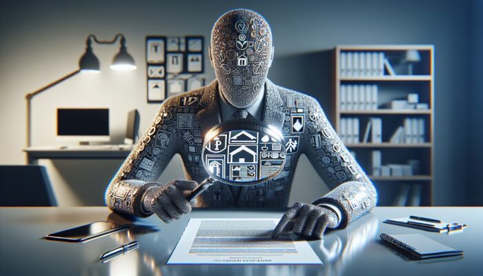 A person examining a rental agreement with a magnifying glass amidst rental company logos and documents in an office.