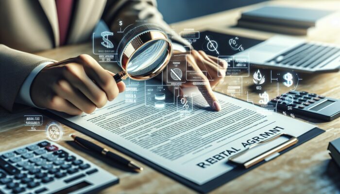 Person using magnifying glass to review rental agreement, focusing on fees and charges, with calculator and pen.