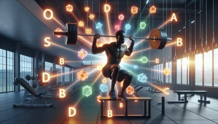 A person lifting weights with glowing vitamins D, B, and C around, symbolizing muscle recovery.