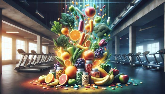 A colorful display of fruits, vegetables, and supplements in a gym, emphasizing key nutrients for fitness beginners.