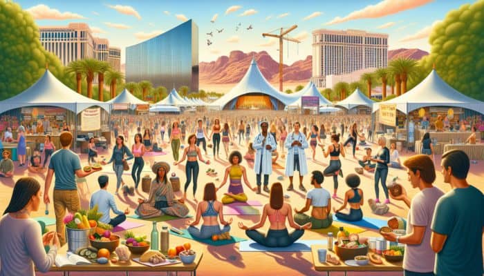 Best Las Vegas Events for Wellness Fans: A vibrant scene at MindBodyGreen Revitalize in Las Vegas, featuring yoga, meditation, and nutrition workshops with diverse attendees and holistic health experts.