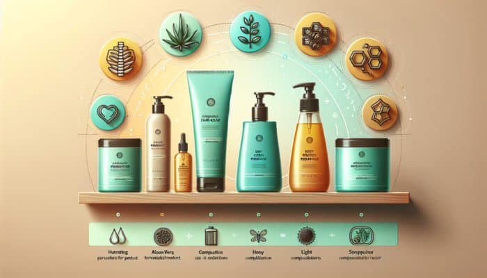 A spa shelf displaying various hair care products for different hair types, including hydrating aloe vera and honey for dry hair, and light formulations for oily hair.