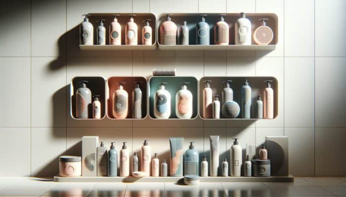 Shampoo bottles for different hair types on a spa shelf, suggesting a DIY hair spa at home.