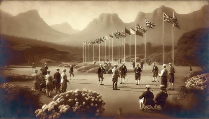 1907 scene at Outeniqua Golf Club, golfers in period attire on original nine-hole course, lush landscapes.