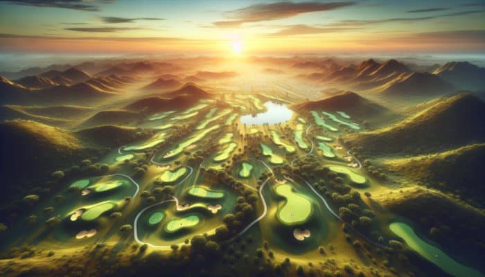 Aerial view of Outeniqua Golf Club at sunrise, highlighting 18 holes with strategic design and natural terrain.