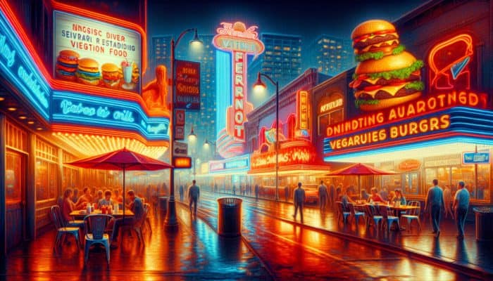 Fremont Street at night with neon lights, showcasing budget-friendly eateries like VegeNation and Heart Attack Grill.