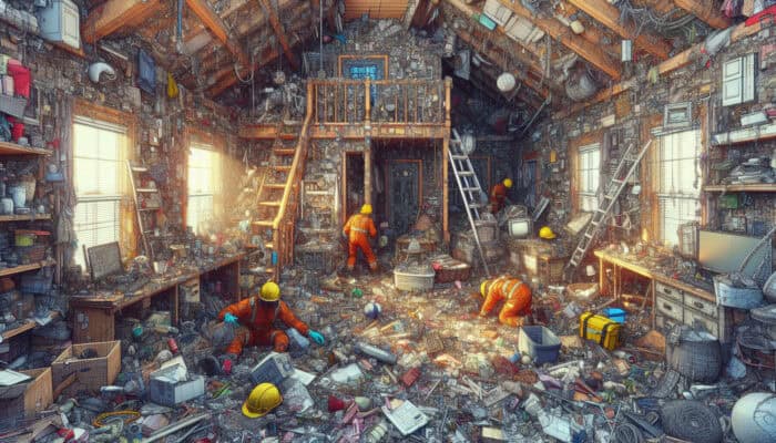 Safety Tips for House Clearance Beginners: A cluttered property interior with safety equipment in hazardous areas and a strategic clearance plan.