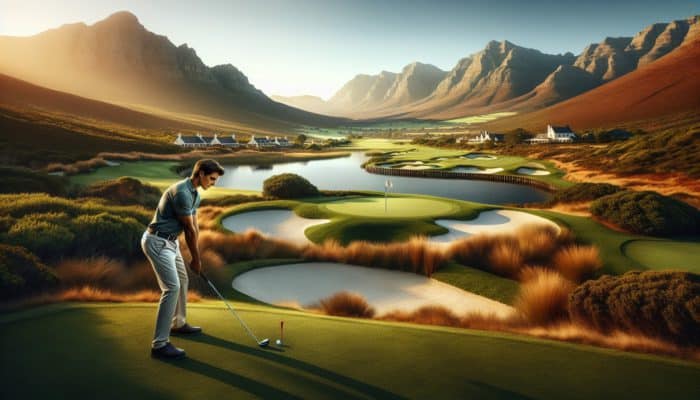Golfer navigating Montagu Golf Club's unique course with bunkers and water hazards, surrounded by Klein Karoo's stunning vistas.