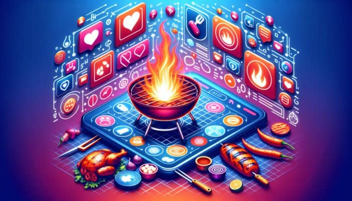 A vibrant social media interface showcasing popular BBQ hashtags and high user engagement.