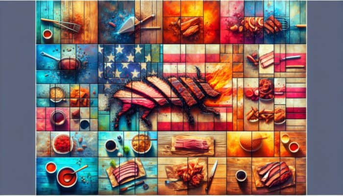 A vibrant collage showcasing regional BBQ styles with hashtags on a rustic wooden backdrop.