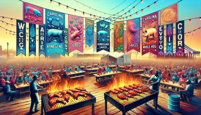 Scene at a Carolina BBQ festival featuring whole hogs roasting, fans enjoying vinegar sauces, and #CarolinaBBQ and #WholeHogBBQ banners.