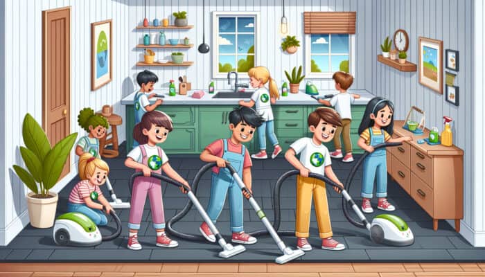 Children participating in an eco-friendly cleaning challenge, using less water and energy, earning rewards.