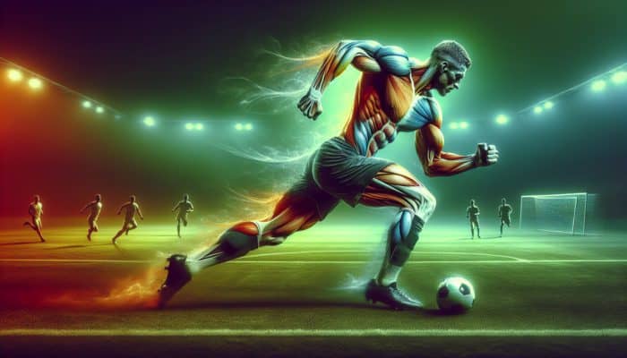 Supplements for Soccer Players: A soccer player sprinting and shooting on a green field, enhanced by creatine supplementation.
