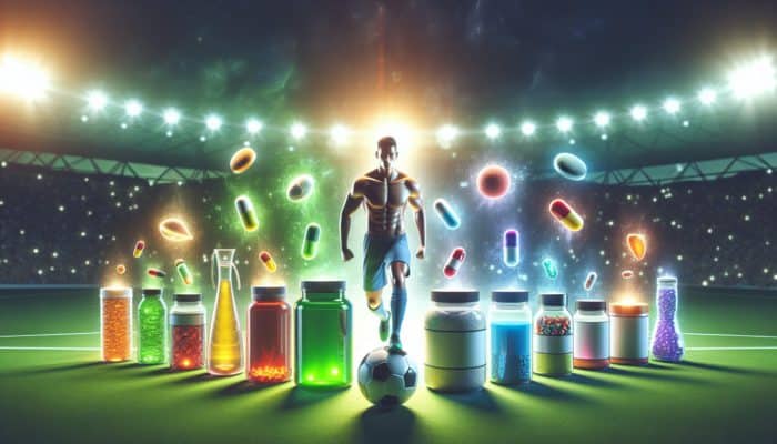 A soccer player on a green field, surrounded by glowing supplements for performance, recovery, and health.