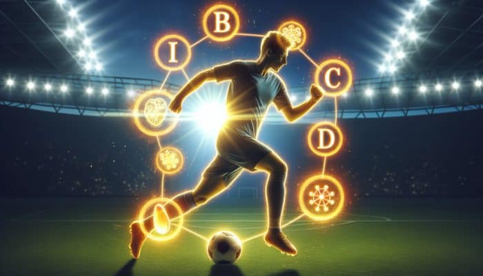A soccer player under the sun, surrounded by glowing vitamin icons B, C, E, D.