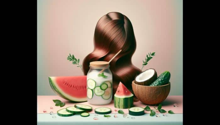 A still life of watermelon, cucumber, and coconut water around healthy hair on a pastel background.