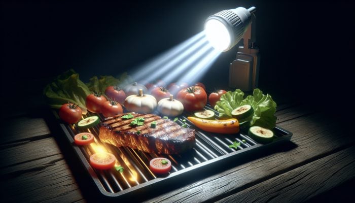 Bright 300-lumen grill light illuminating steak and vegetables on a barbecue.