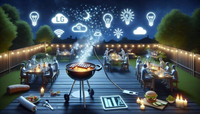 LED grill lights illuminating a nighttime BBQ, showcasing energy efficiency and eco-friendliness.
