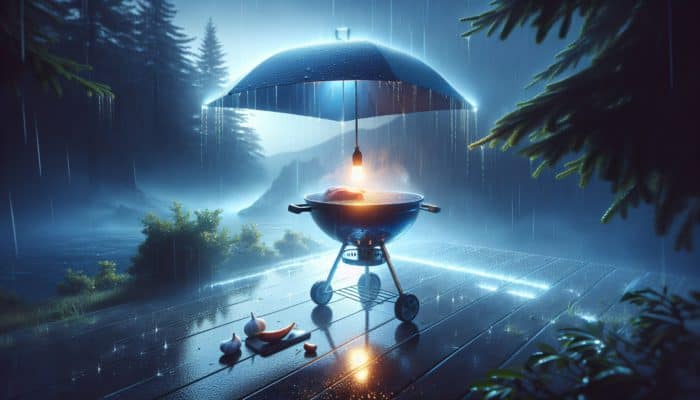 A waterproof grill light with an IP65 rating illuminating a BBQ during a rainstorm in the Northeast.