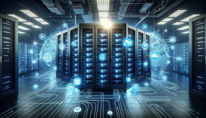 A modern server room with blue lights, showcasing e-commerce platforms like Shopify, WooCommerce, and Magento connected globally.