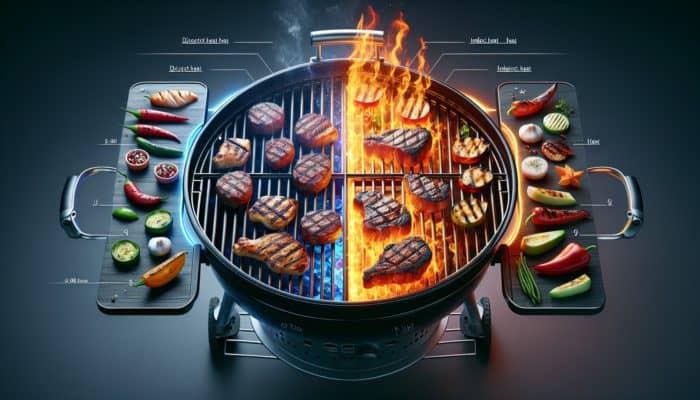 Best Beginner BBQ Books to Read: A grill with direct and indirect heat zones, steaks and vegetables searing on one side, chicken cooking slowly on the other.