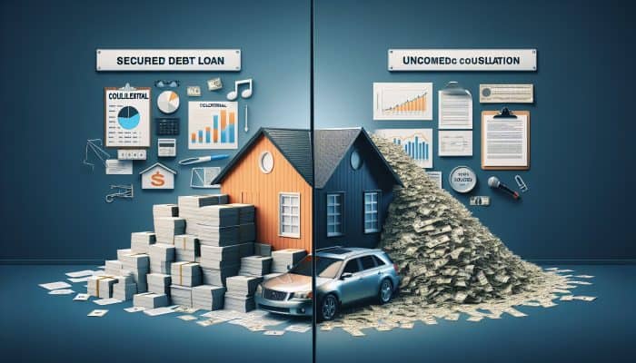Debt Consolidation Loan Pro Tips: A Comprehensive Guide | DCL Image showing secured loans with house and car collateral on left, unsecured loans with documents and money on right.