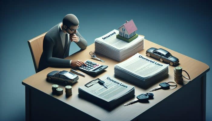 Debt Consolidation Loan Pro Tips: A Comprehensive Guide | DCL Person comparing secured and unsecured loan documents with house and car as collateral symbols and calculator.