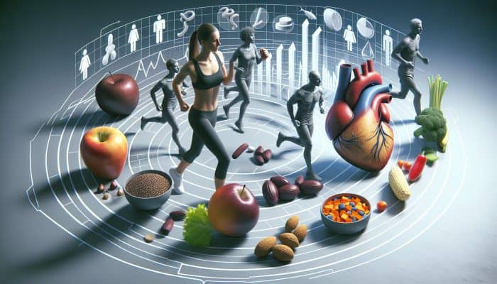 Infographic detailing diet and exercise effects on cholesterol, showing fats, fiber, and physical activities.
