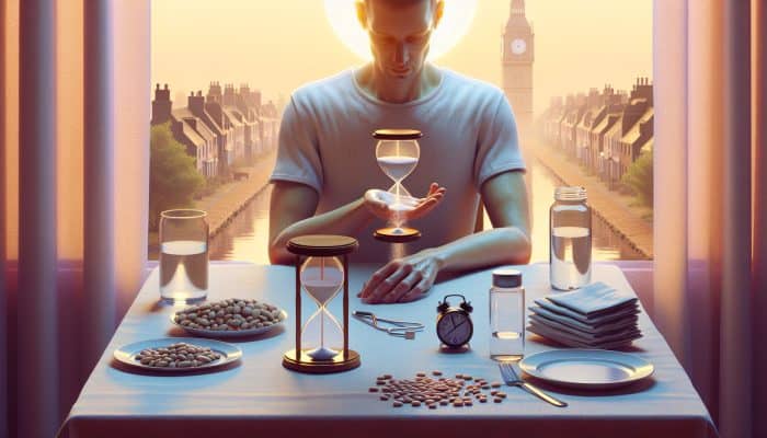 Person in Cannock fasting 9-12 hours for cholesterol test, drinking water, morning scene with clock and blood vial.
