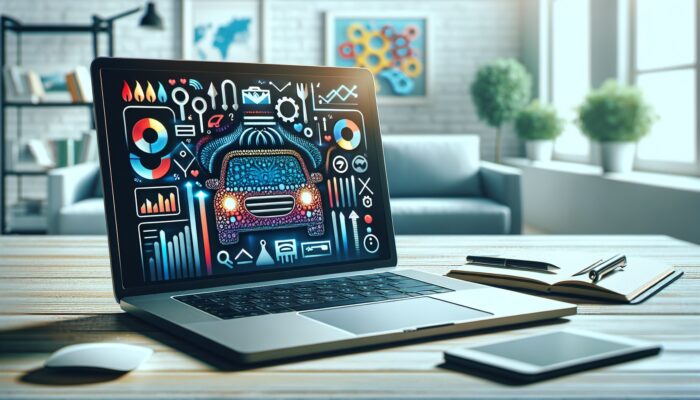 A laptop screen showing a detailed car rental review with charts and graphs in an office.