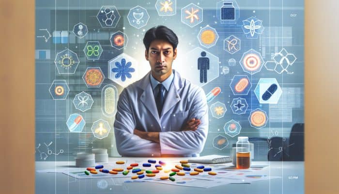 Individual in a clinical research setting, surrounded by supplements, experiencing allergic reactions.